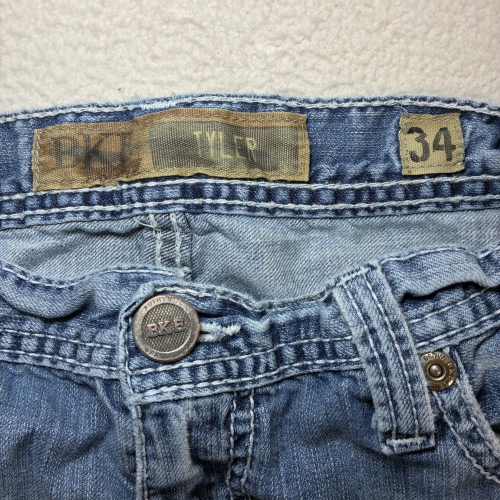 BKE Tyler Bootleg Jeans Men 34x34 Blue Fade Whiskered Distressed Western Bootcut - Picture 5 of 10